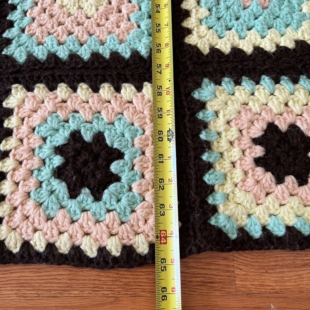 Vintage Handmade Crochet Granny Square Afghan Throw Blanket Brown Pink Boho